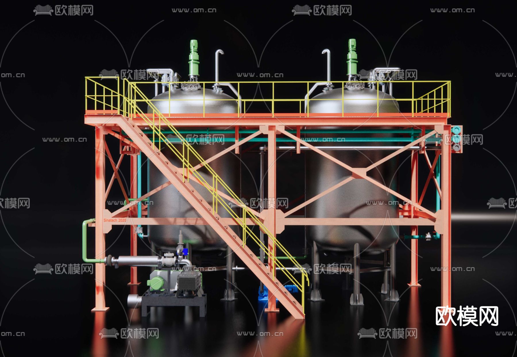 大型液体储藏罐 液体泵 管道阀门su模型下载（渲染图1）