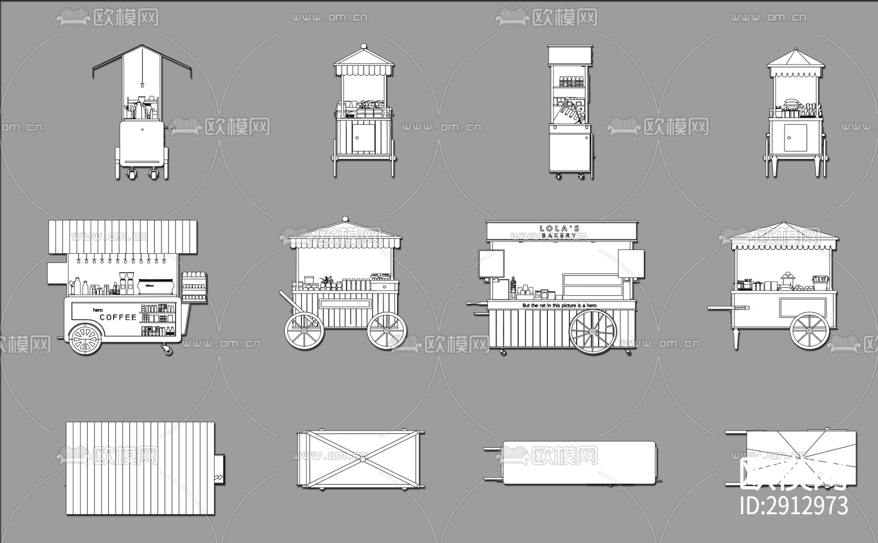 网红摆摊小吃餐车小推车cad图库下载（渲染图1）