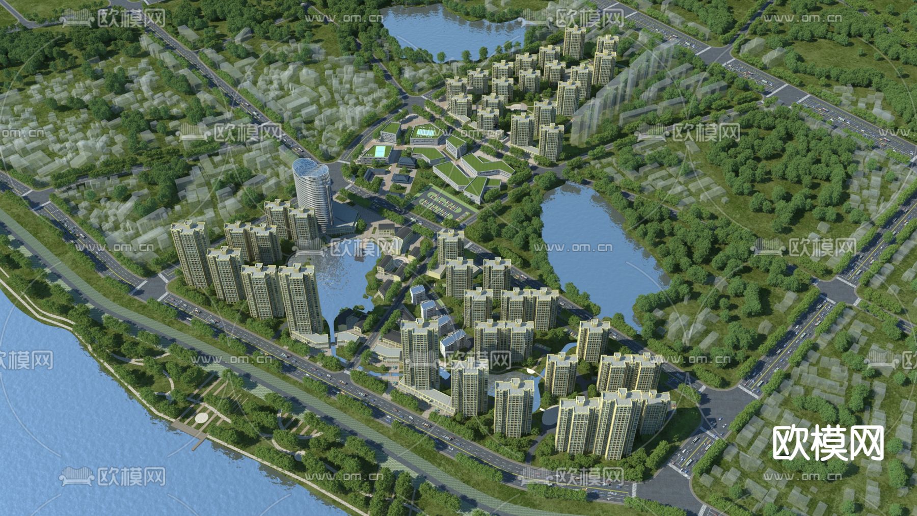 欧式小区鸟瞰su模型下载（渲染图1）