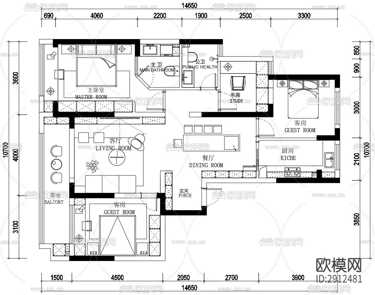 二居室布置图cad施工图下载（渲染图1）