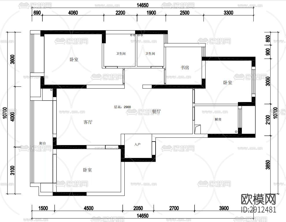 二居室布置图cad施工图下载（渲染图2）