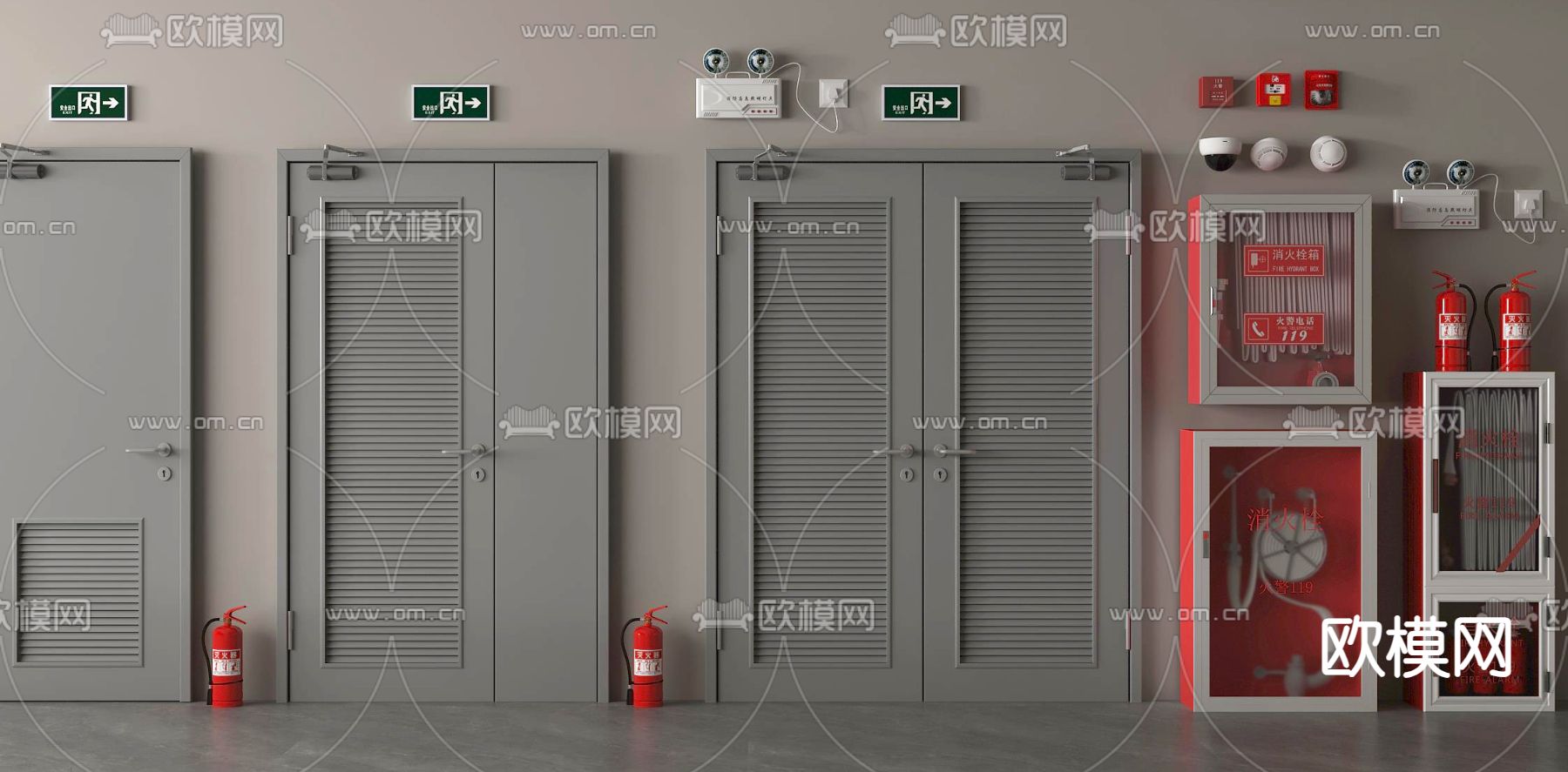 消防门 防火门 消防栓 灭火器 应急照明灯3d模型下载