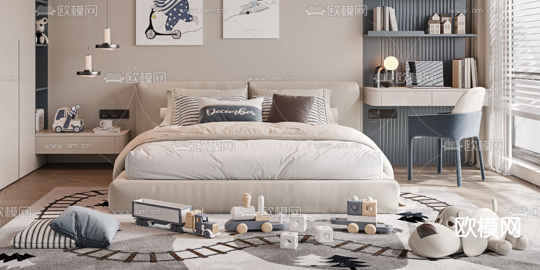 现代儿童床su模型下载（渲染图1）