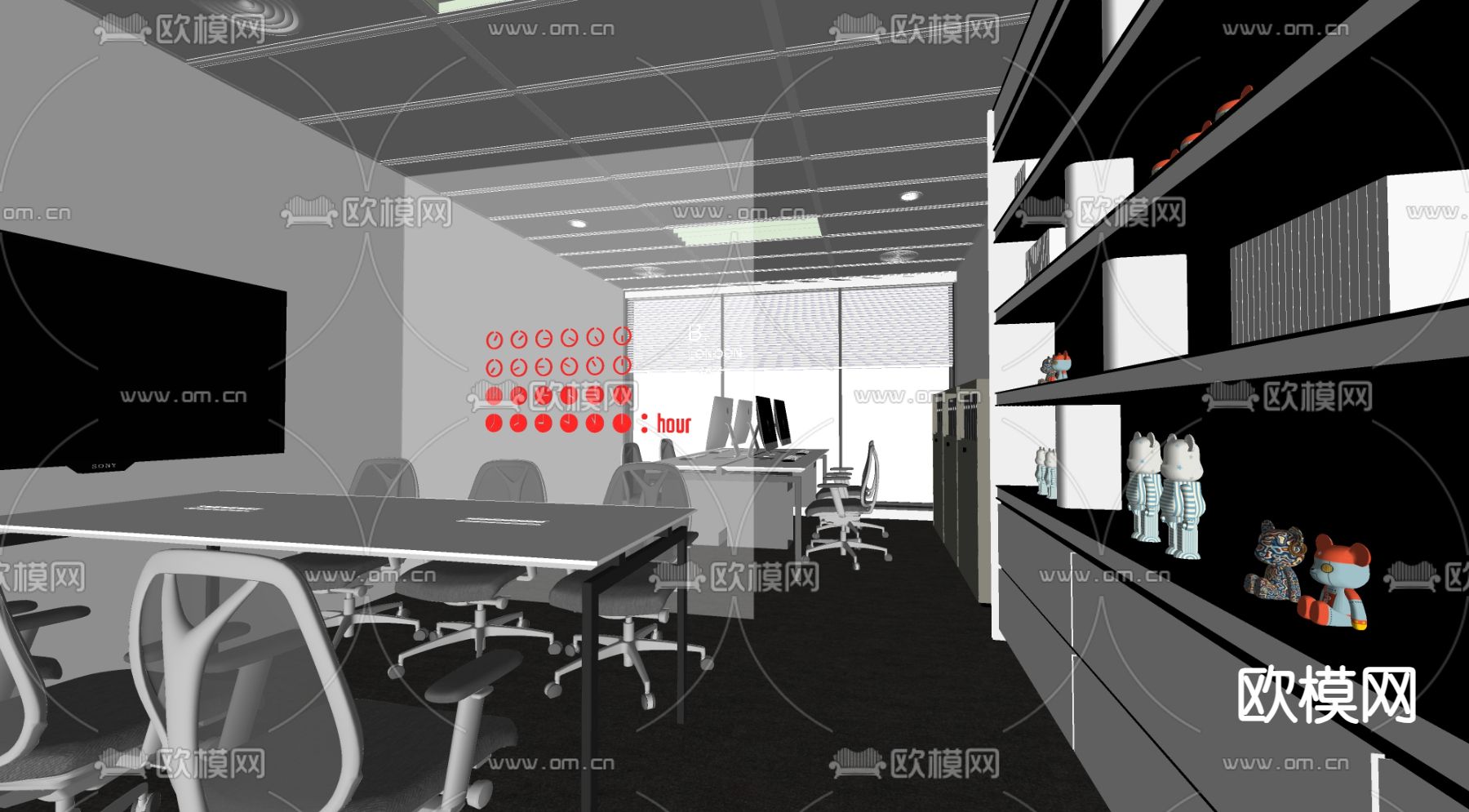 公共办公区 办公室su模型下载（渲染图2）