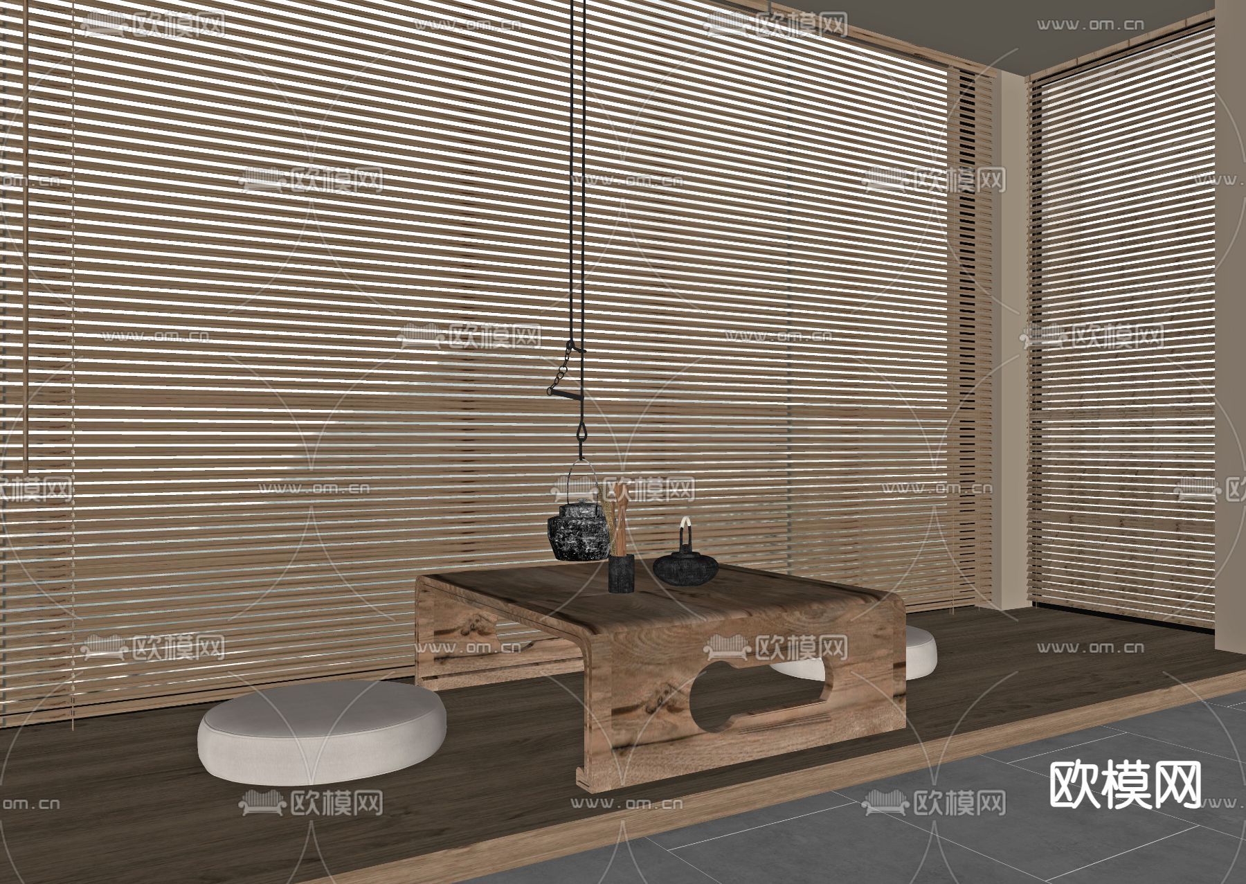榻榻米茶桌 茶台su模型下载（渲染图2）