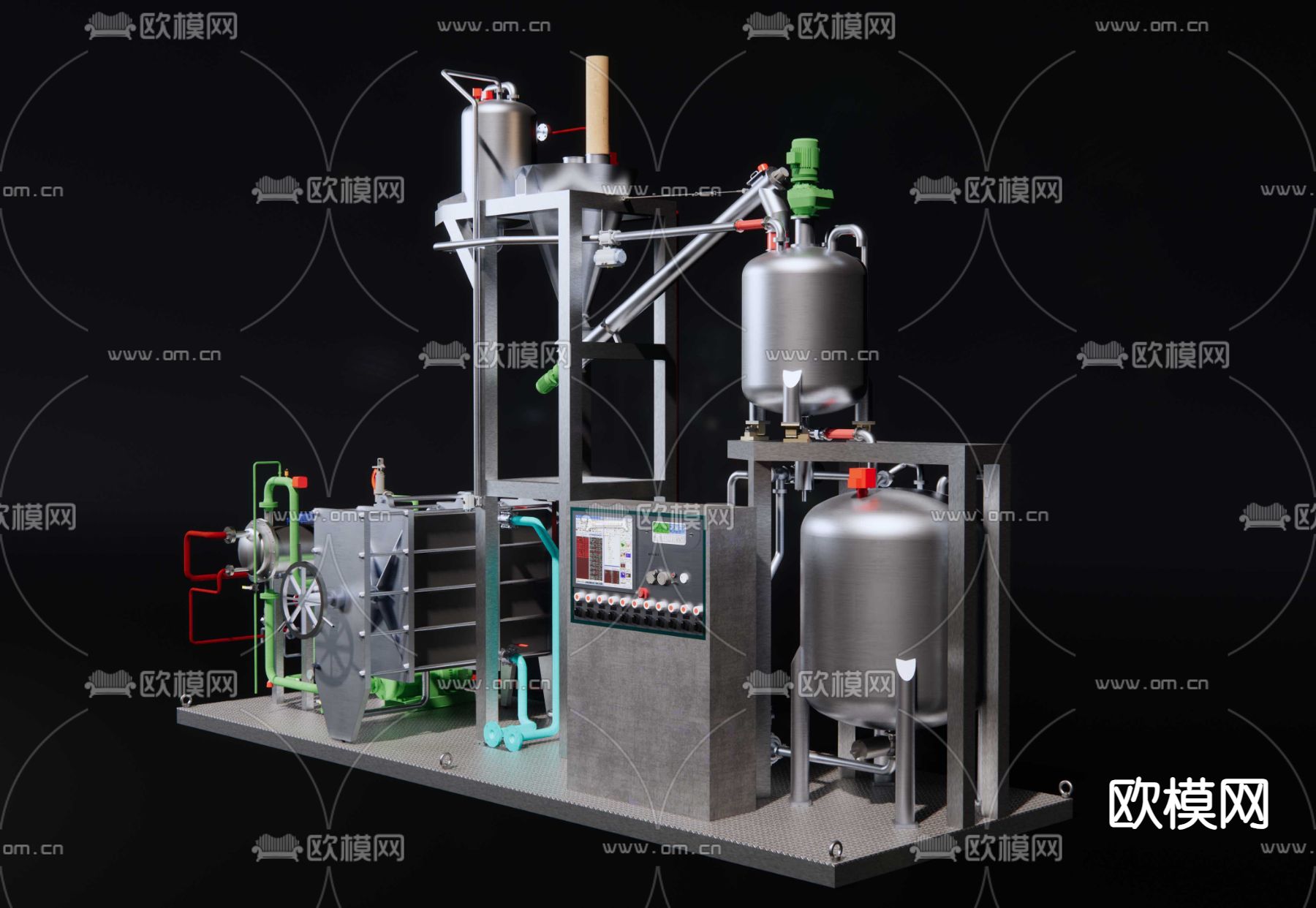 糖浆控温罐 发酵罐 管道 阀门 换热器su模型下载（渲染图2）