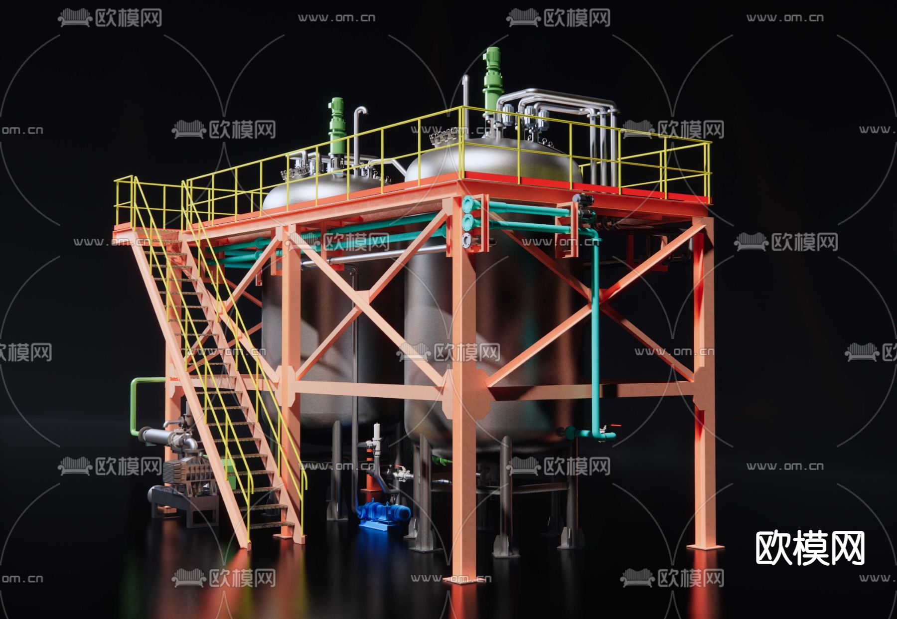 大型液体储藏罐 液体泵 管道阀门su模型下载（渲染图3）
