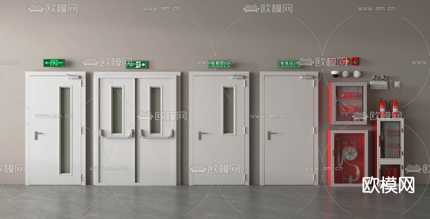 消防门 防火门 消防栓 灭火器 应急照明灯3d模型下载