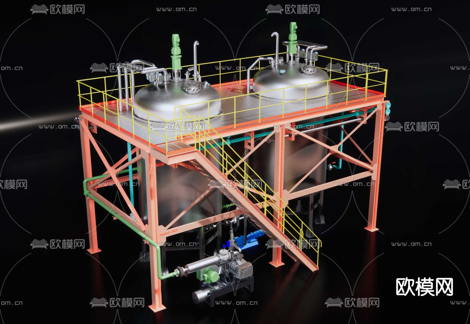 大型液体储藏罐 液体泵 管道阀门su模型下载（渲染图2）