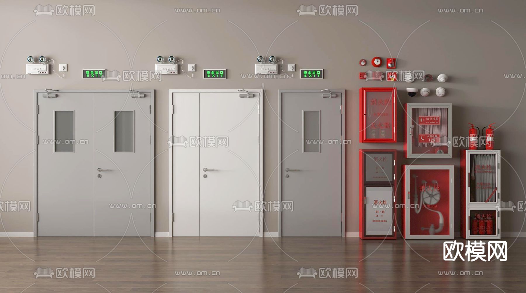 消防门 防火门 消防栓 灭火器 消防设施 应急照明灯su模型下载（渲染图1）