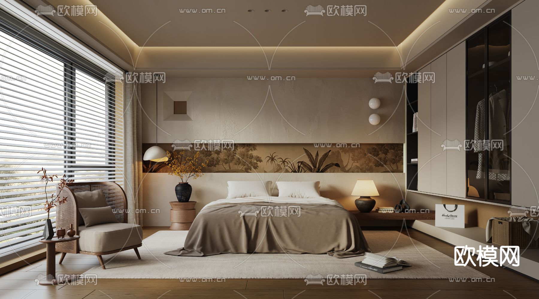 侘寂风卧室 主人房su模型下载（渲染图1）
