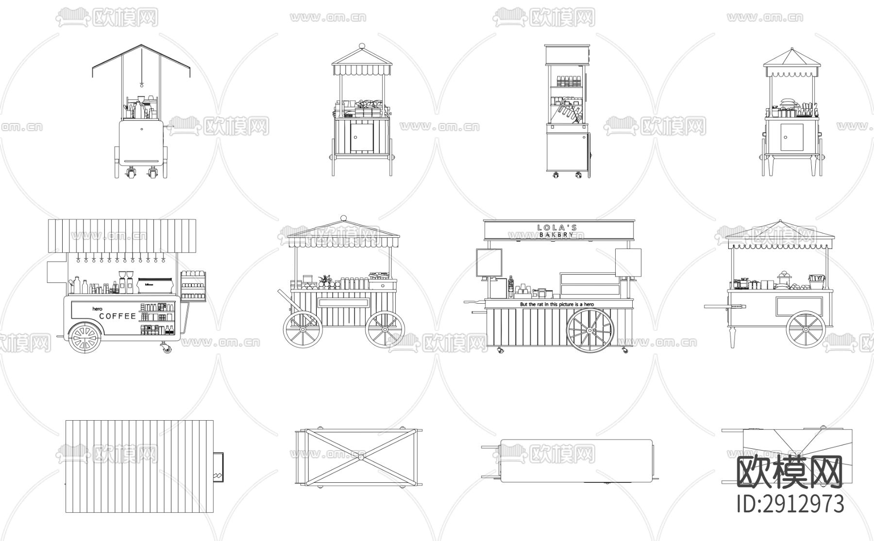 网红摆摊小吃餐车小推车cad图库下载（渲染图2）