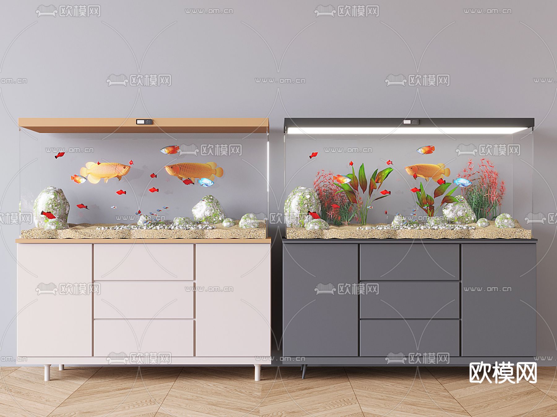 水族鱼缸 鱼缸柜su模型下载（渲染图1）