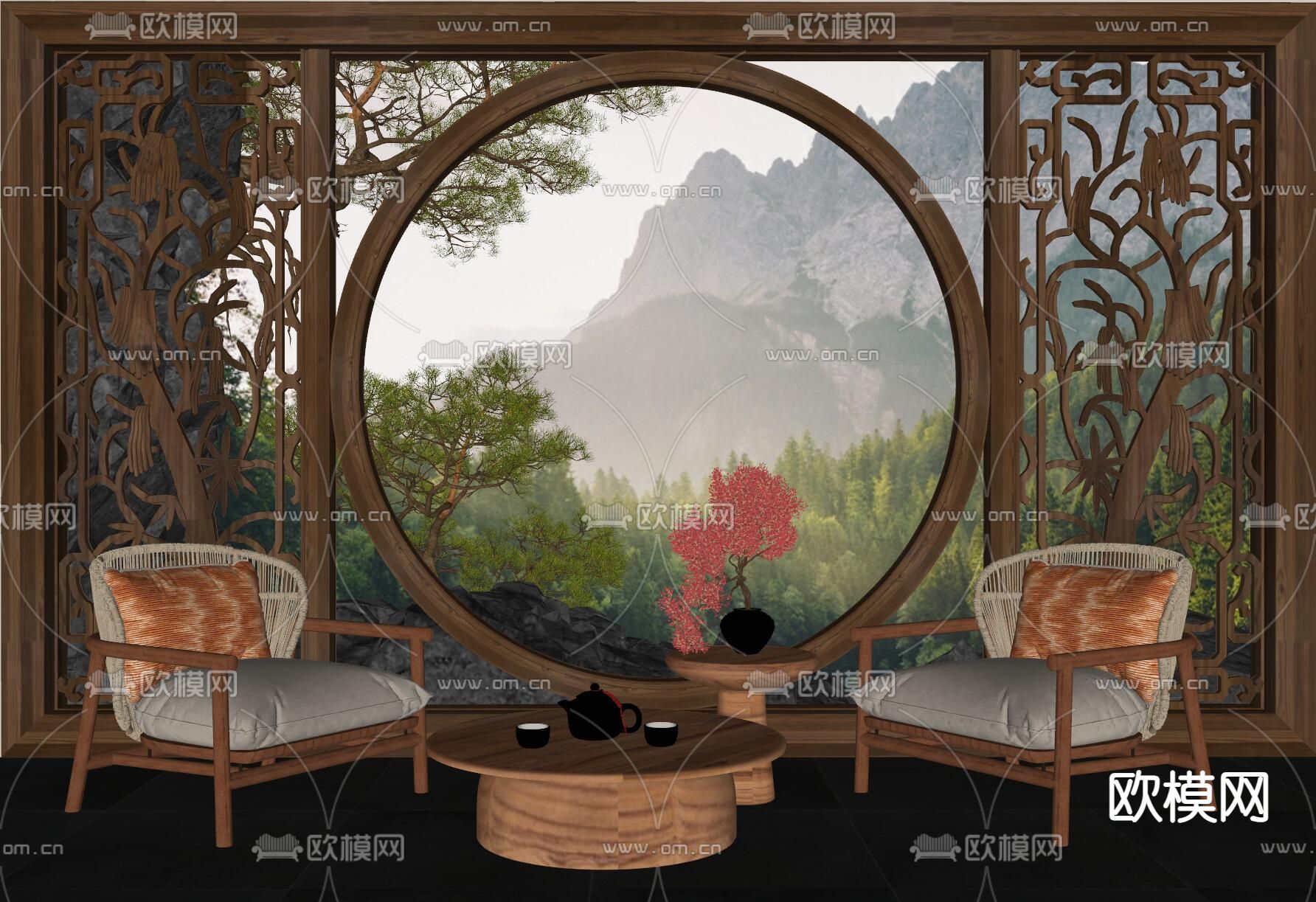 新中式休闲椅su模型下载（渲染图2）