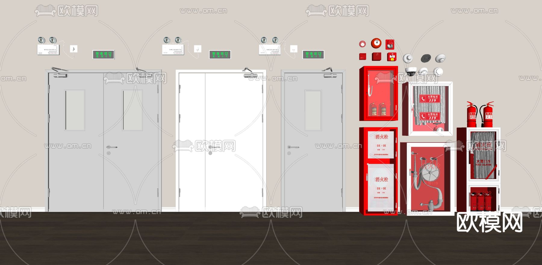 消防门 防火门 消防栓 灭火器 消防设施 应急照明灯su模型下载（渲染图2）