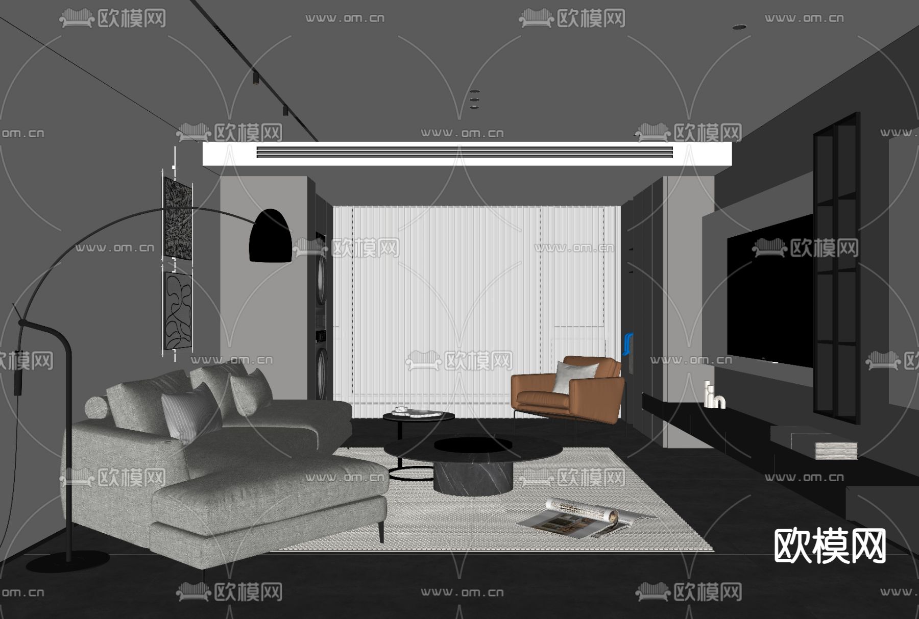 高级灰客厅su模型下载（渲染图2）