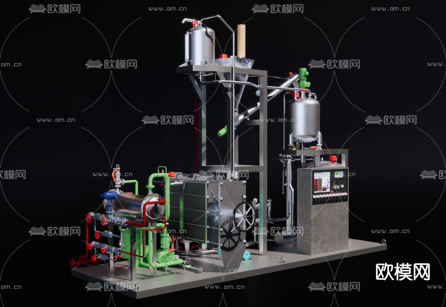 糖浆控温罐 发酵罐 管道 阀门 换热器su模型下载（渲染图1）