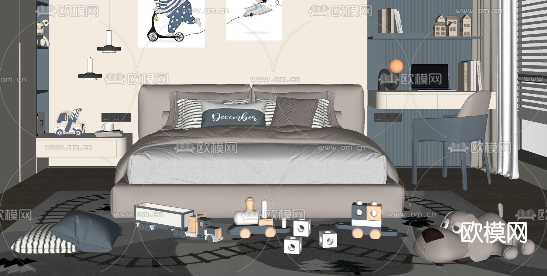 现代儿童床su模型下载（渲染图2）