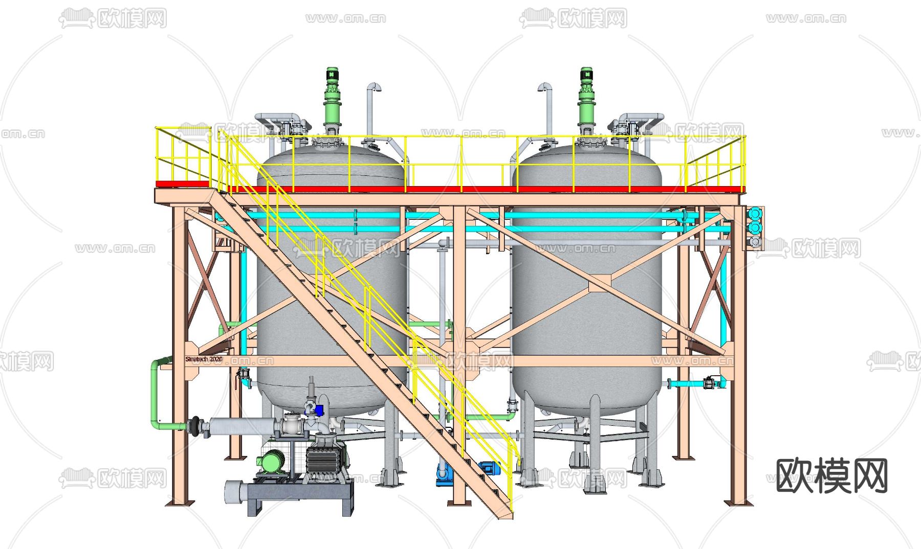 大型液体储藏罐 液体泵 管道阀门su模型下载（渲染图4）