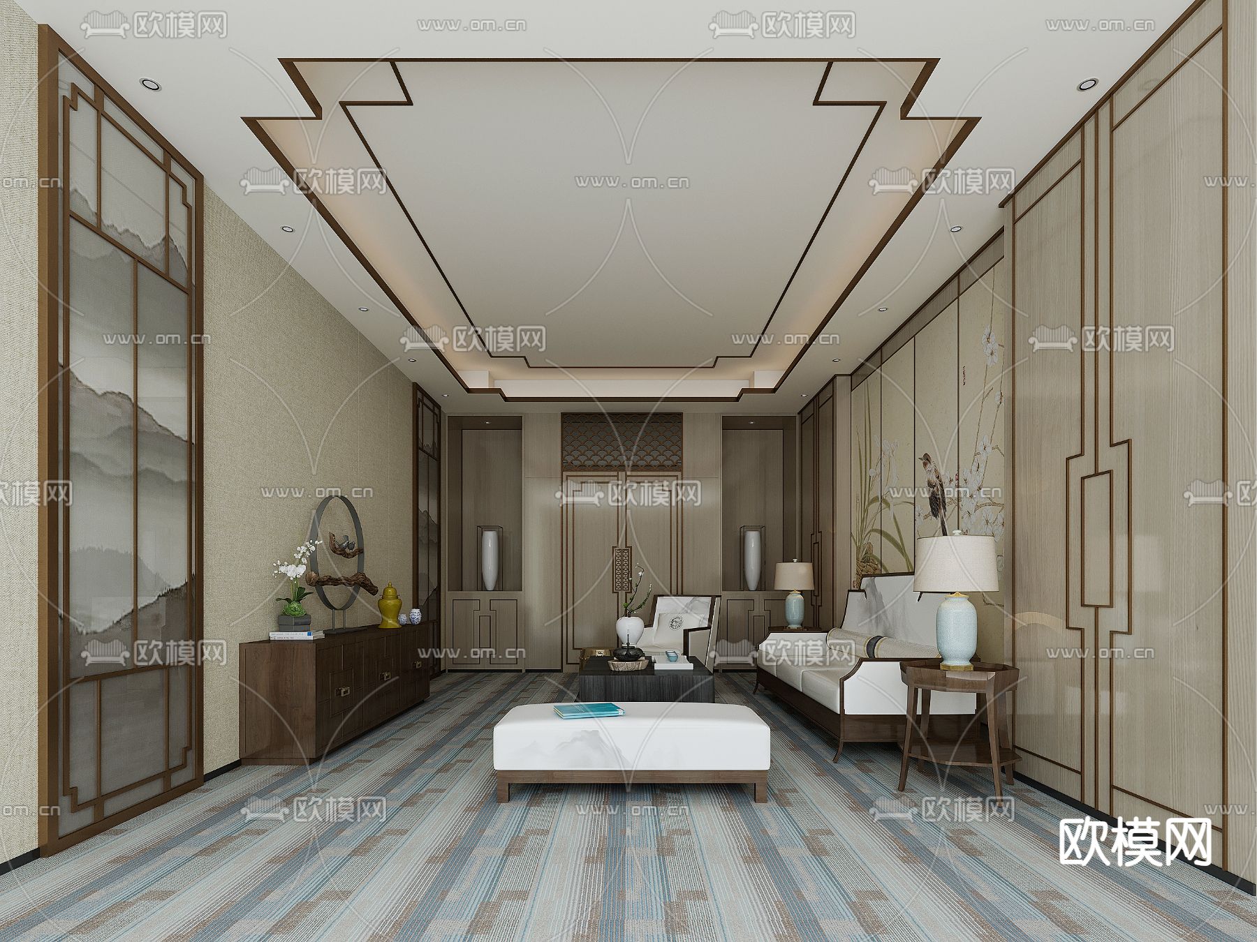 新中式洽谈室 会客室su模型下载（渲染图1）