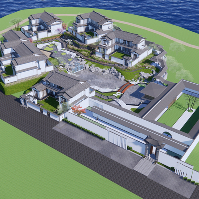  中式别墅鸟瞰su模型 