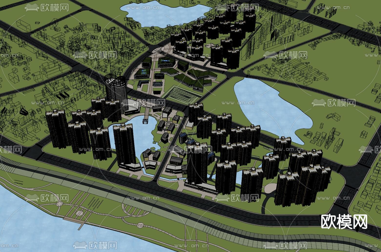 欧式小区鸟瞰su模型下载（渲染图2）