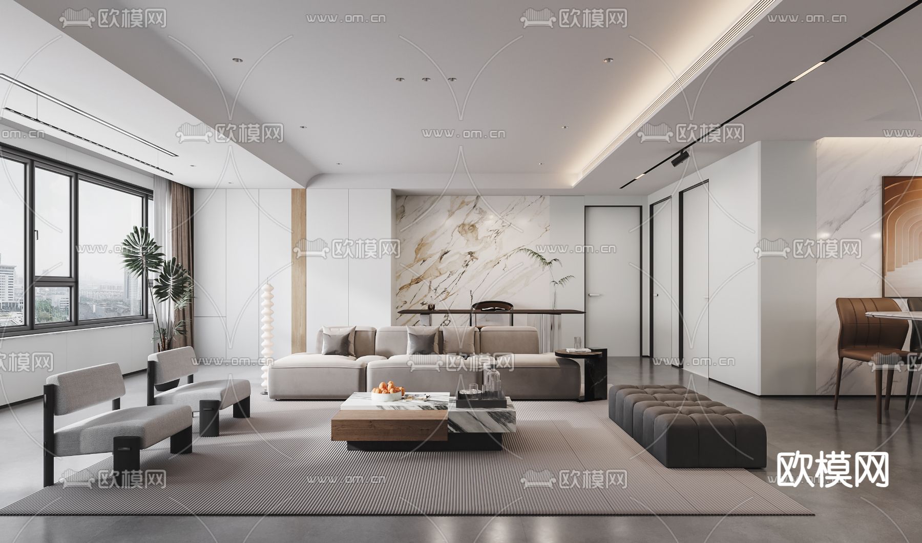 现代客厅 餐厅3d模型下载（渲染图1）