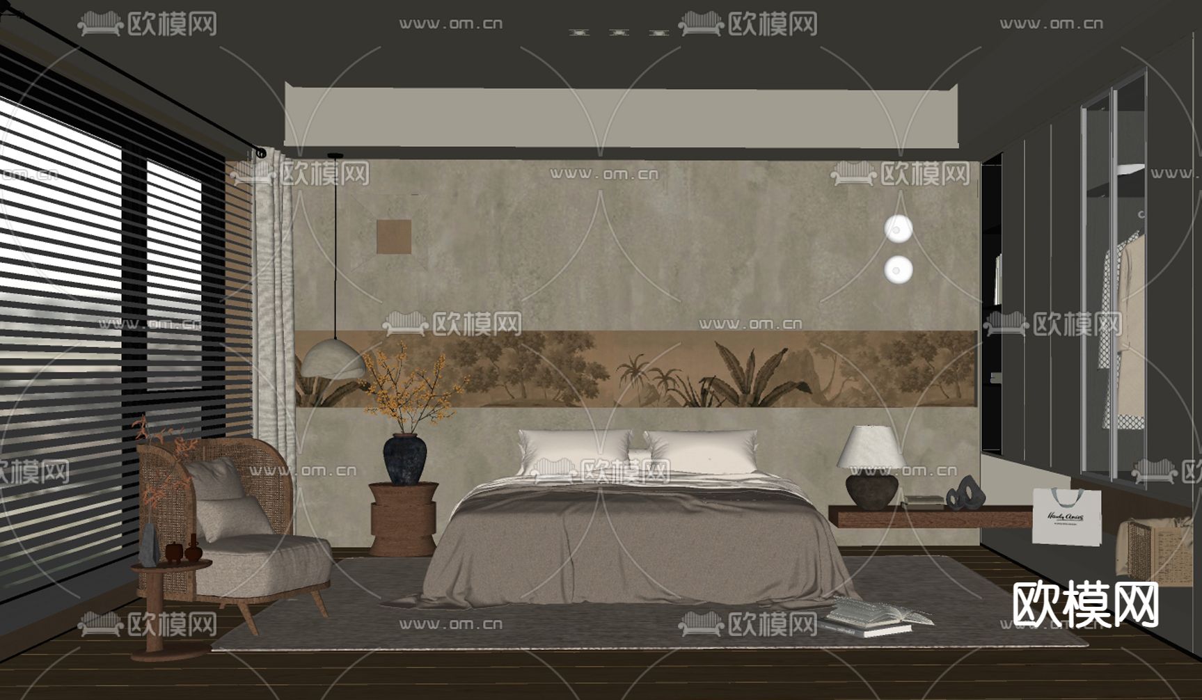 侘寂风卧室 主人房su模型下载（渲染图2）