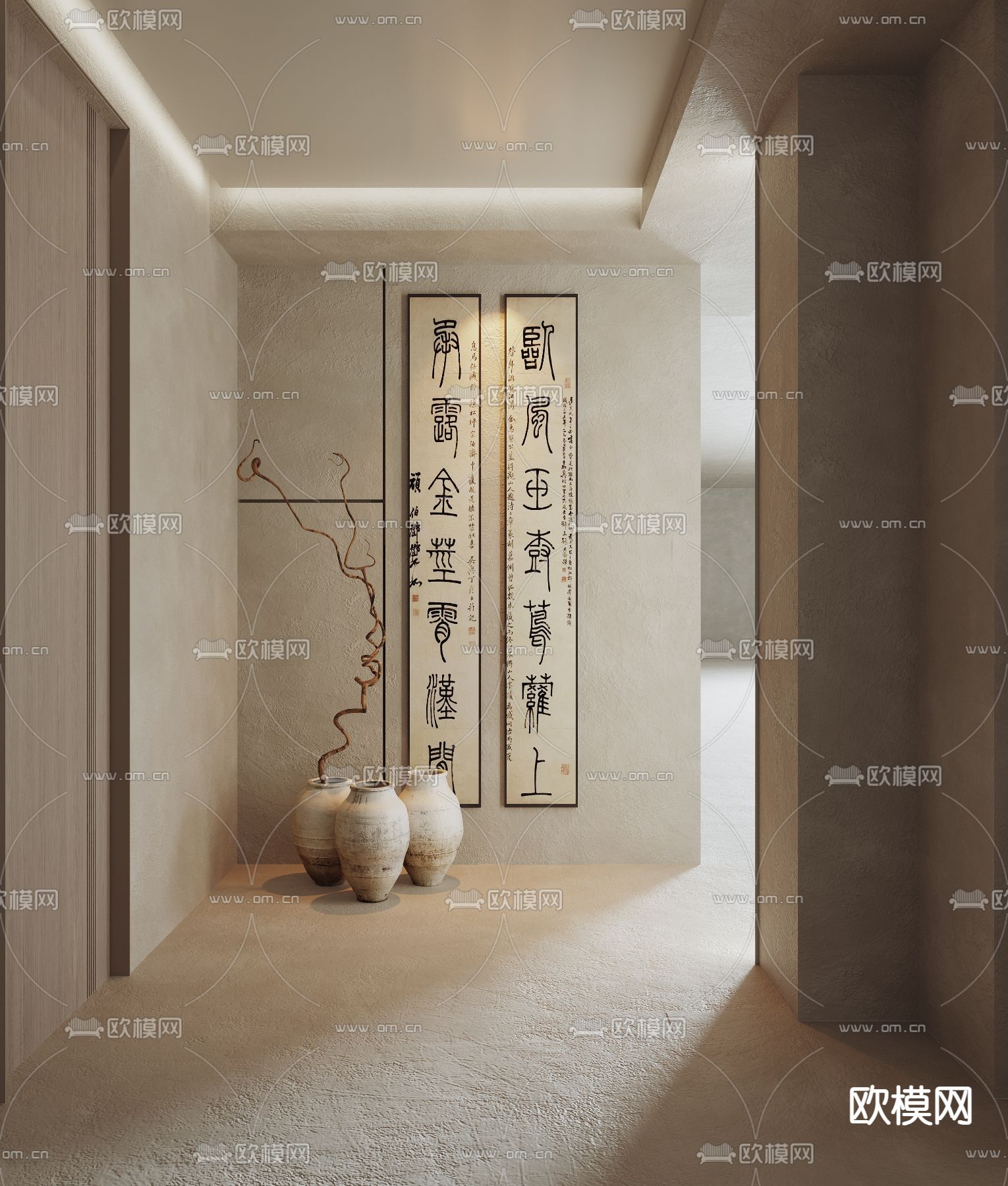 侘寂玄关过道 门厅 书画 陶罐3d模型下载