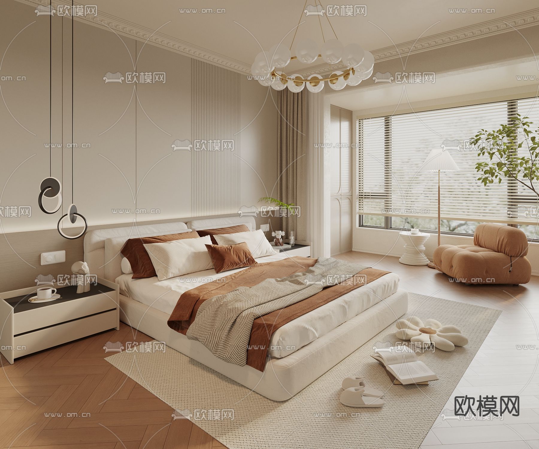 奶油风卧室 主卧 主人房3d模型下载