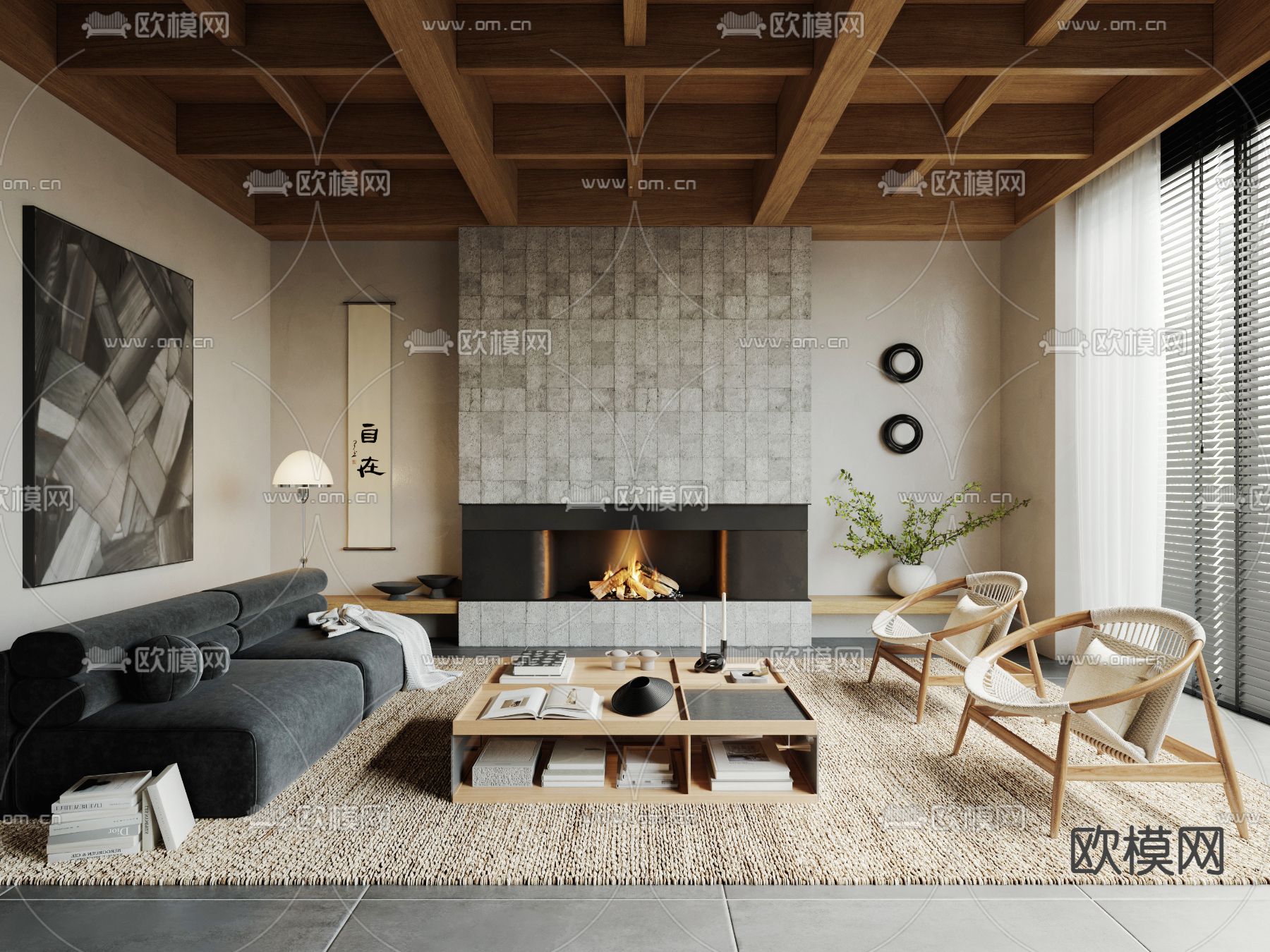 新中式禅意客厅3d模型下载（渲染图1）