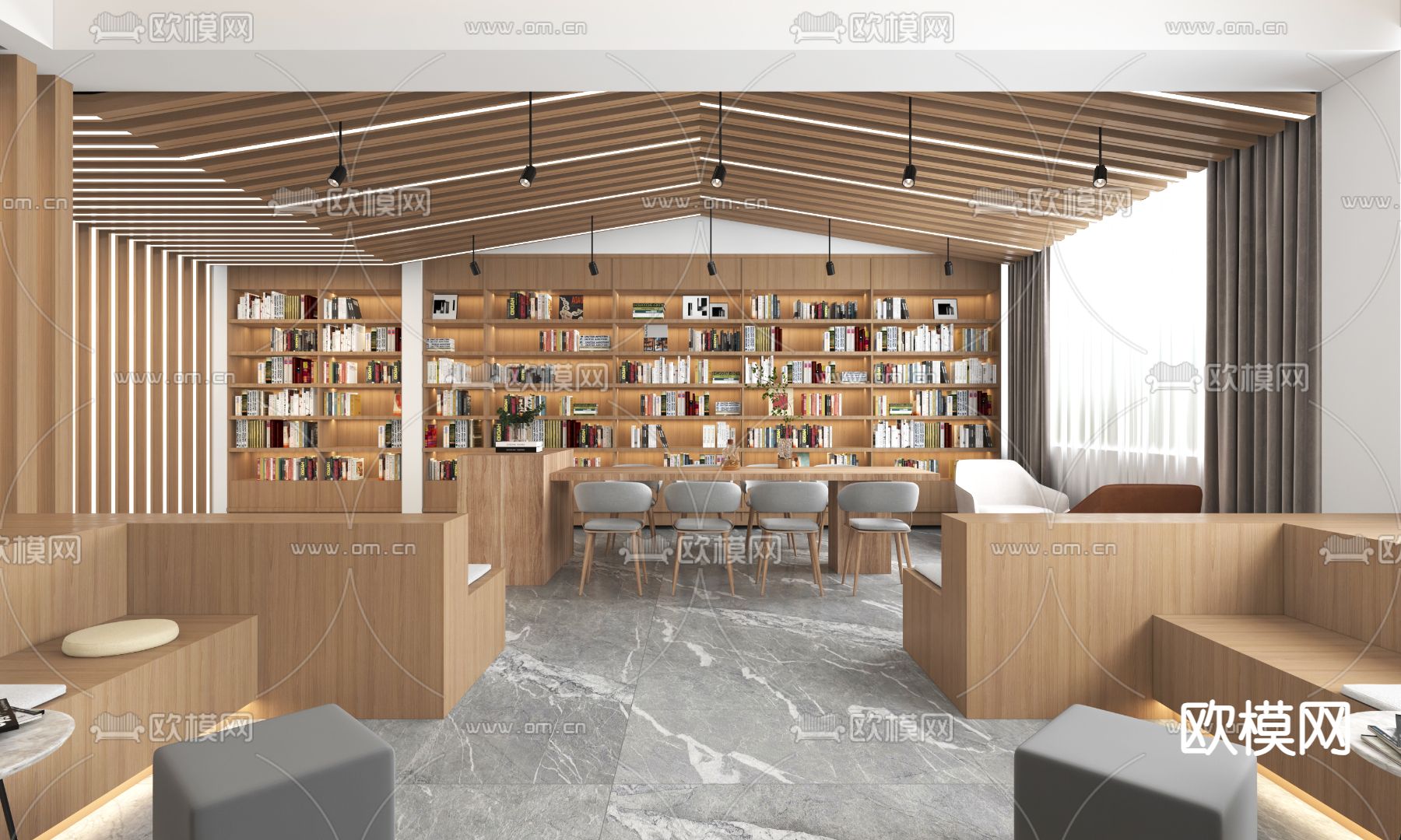 现代图书馆 书吧 休息区 茶水吧3d模型下载（渲染图1）