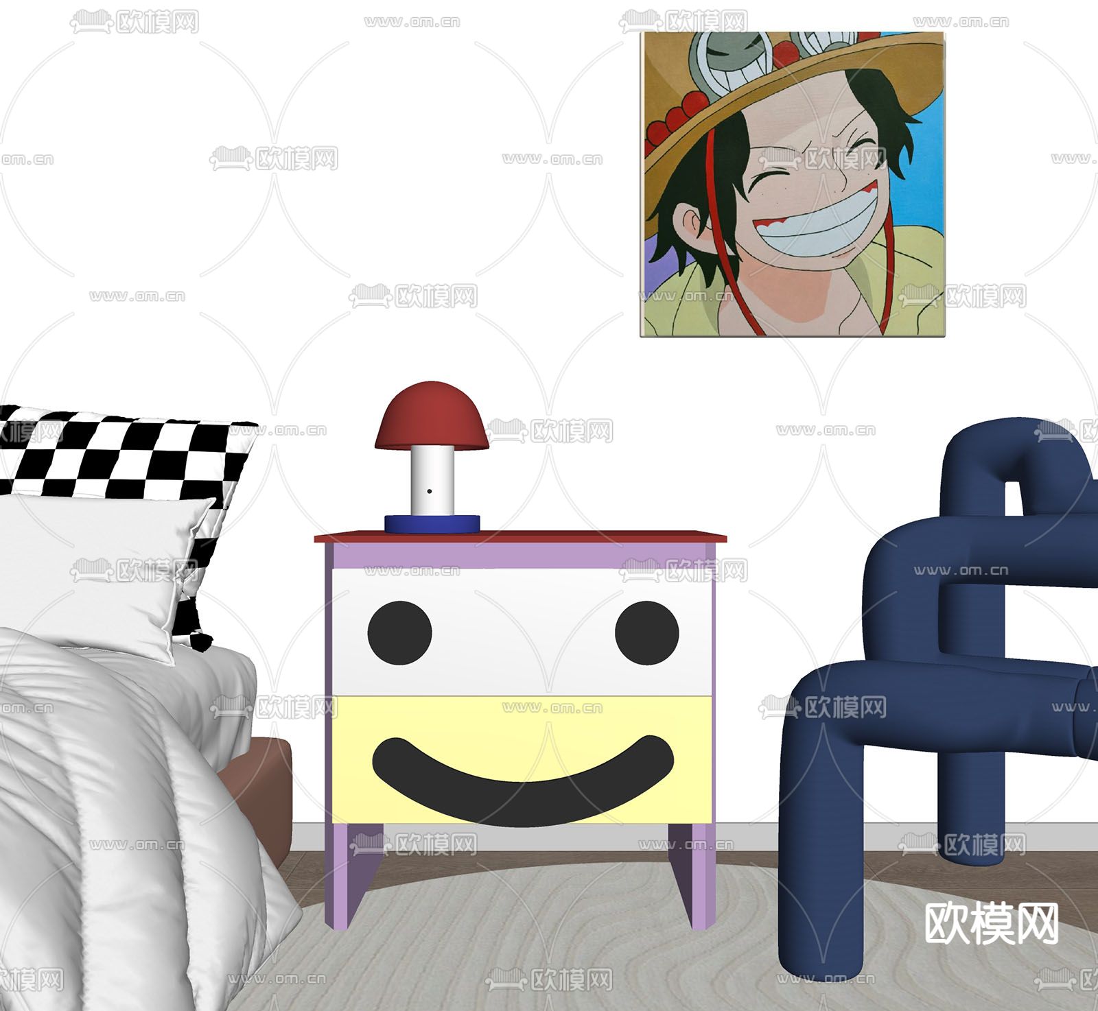 孟菲斯风床头柜su模型下载（渲染图2）