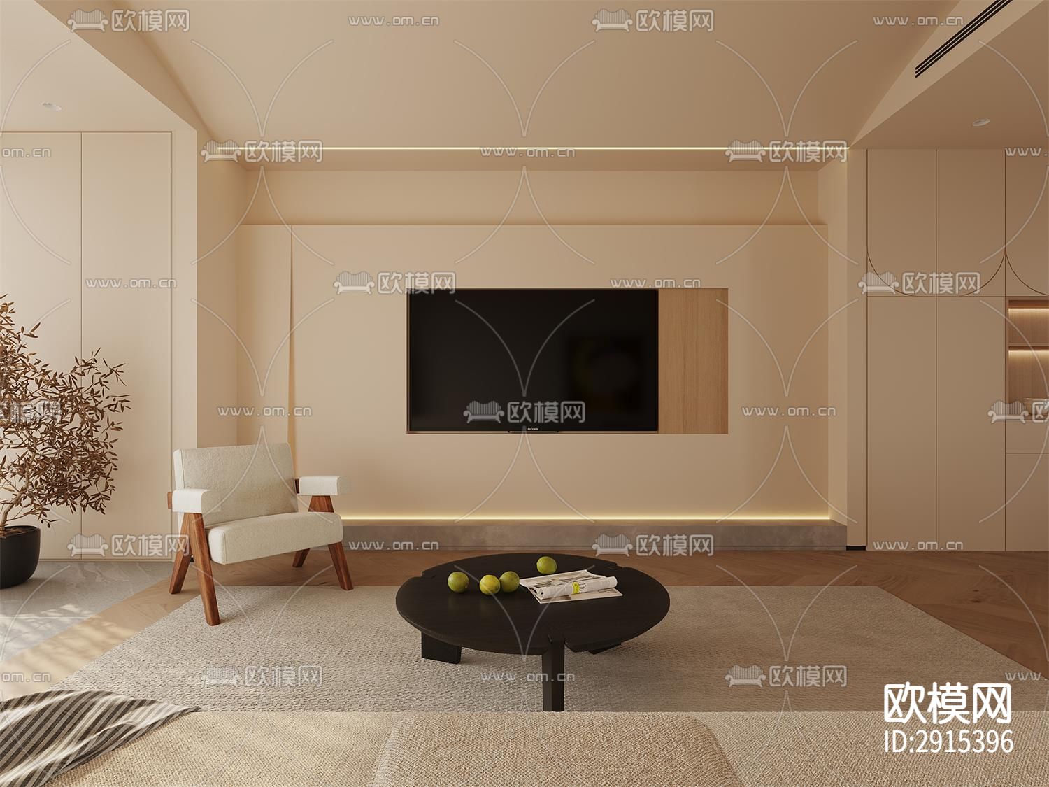 奶油风cad施工图下载（渲染图8）