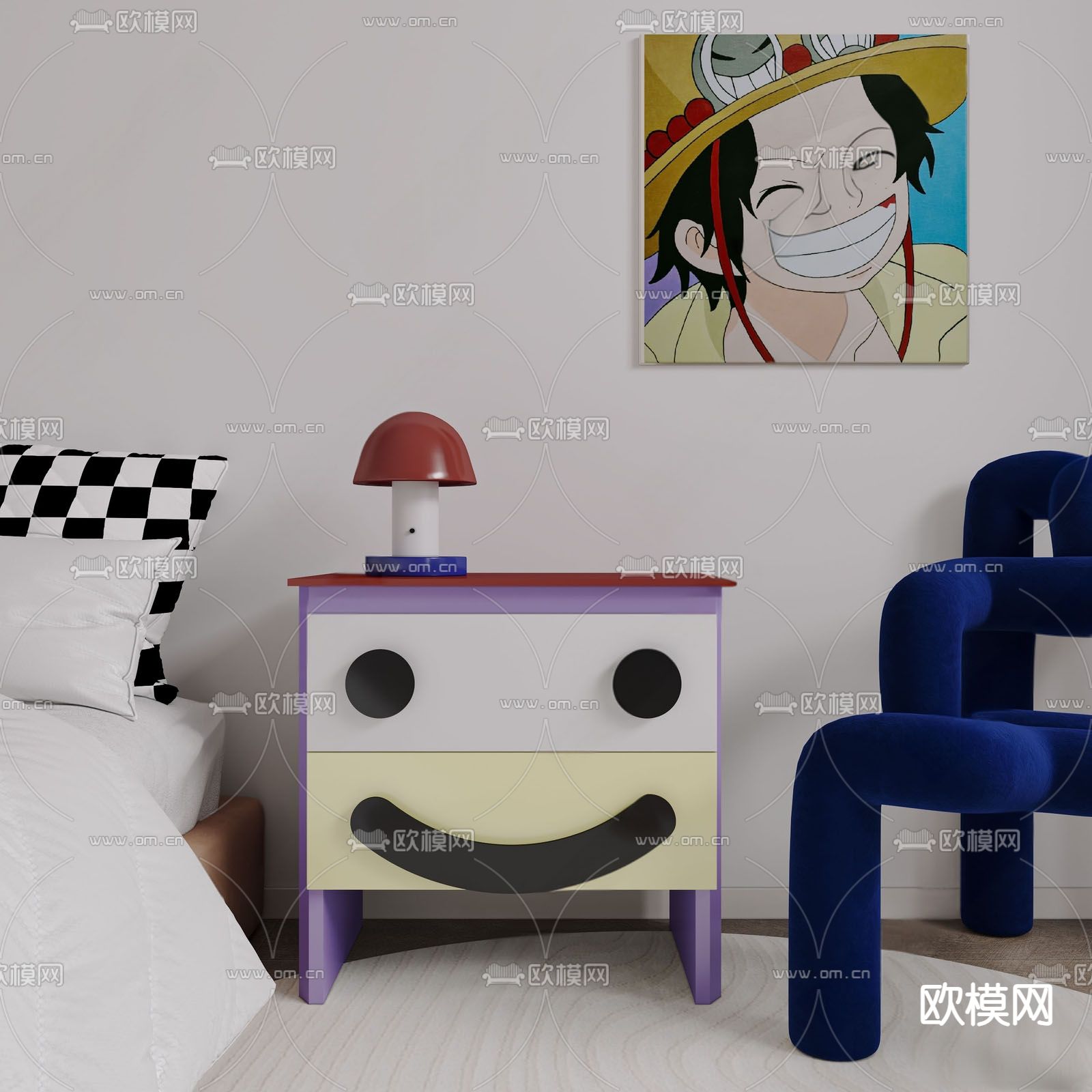 孟菲斯风床头柜su模型下载（渲染图1）