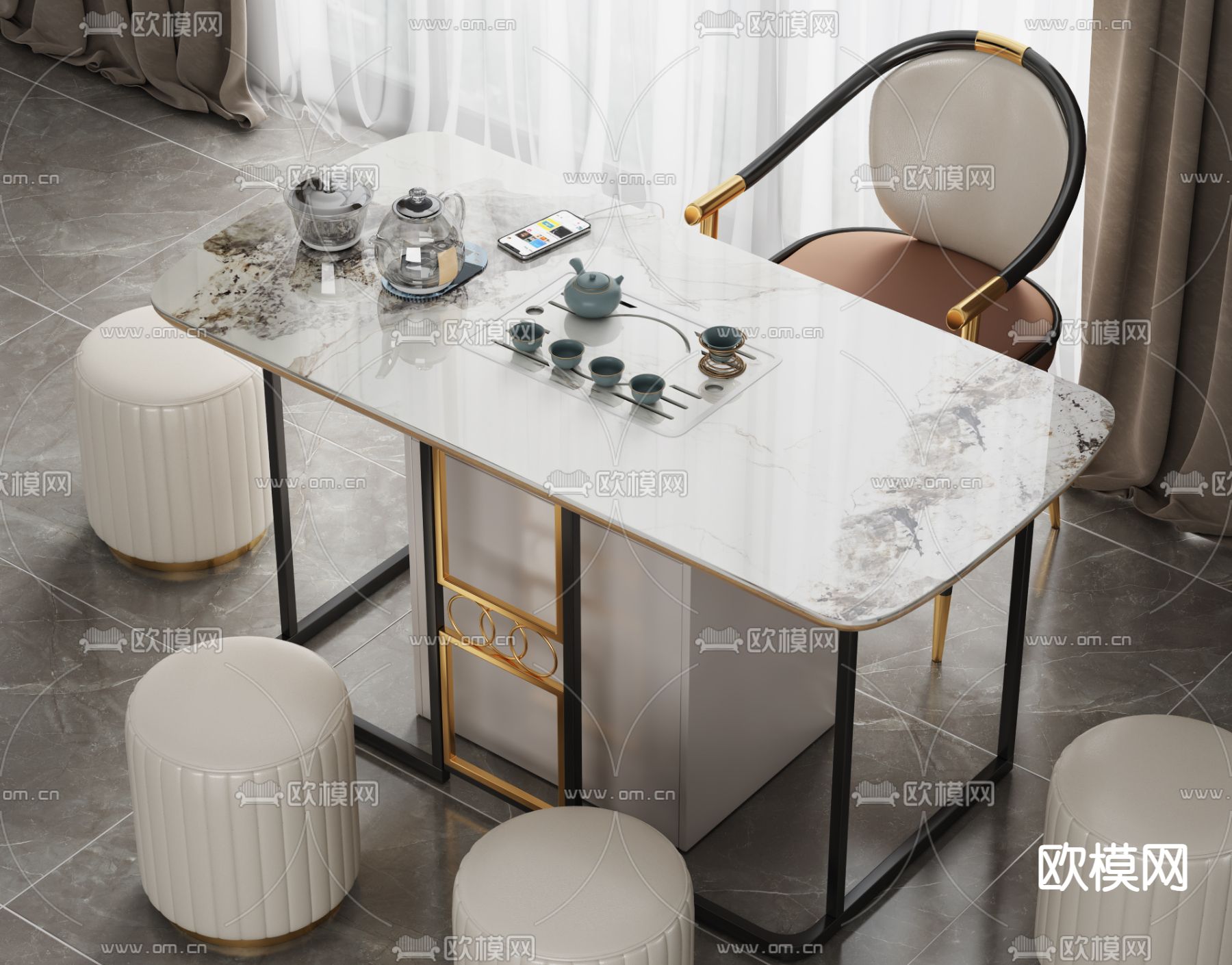 岩板茶桌 茶台su模型下载（渲染图1）