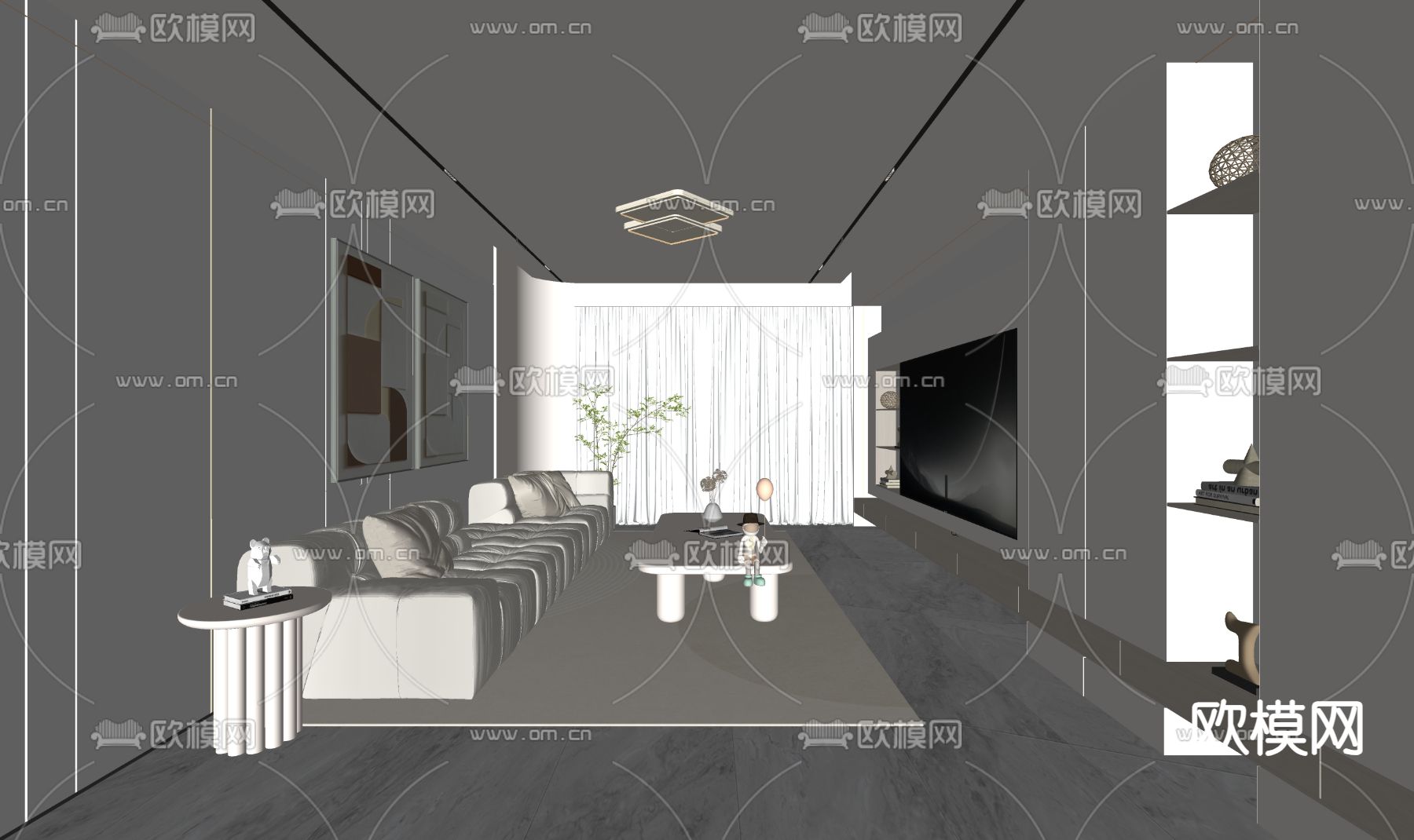 奶油风客厅su模型