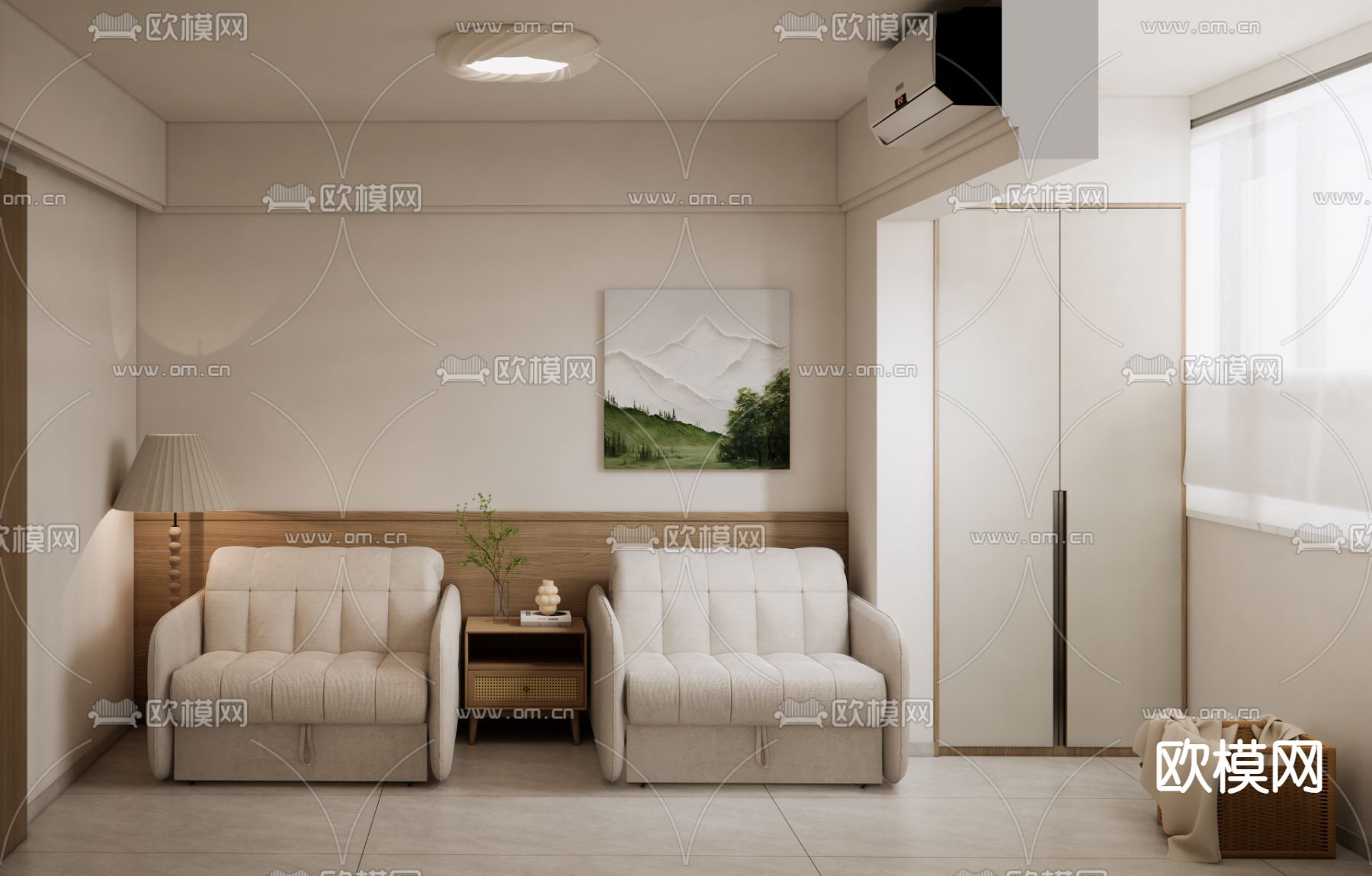 双人房 卧室 次卧su模型下载（渲染图1）