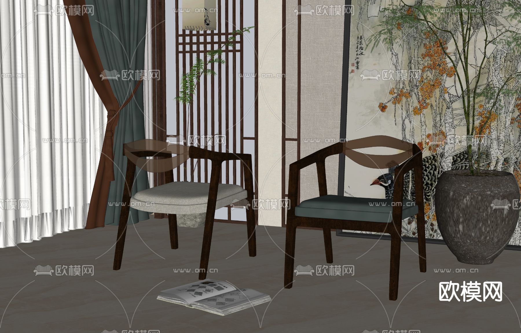 新中式椅子 餐椅su模型下载（渲染图2）