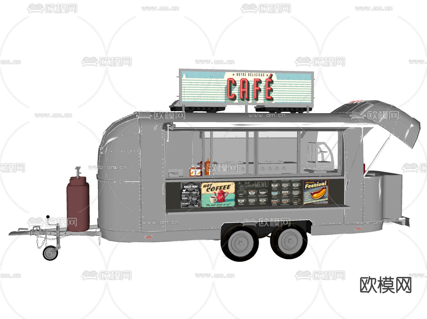 现代露天咖啡车 贩卖车 铁皮餐车su模型
