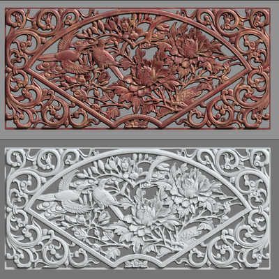  中式花格 花鸟木雕 浮雕su模型 