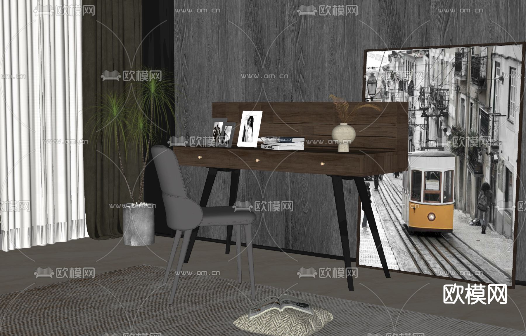 现代书桌 写字台su模型下载（渲染图1）