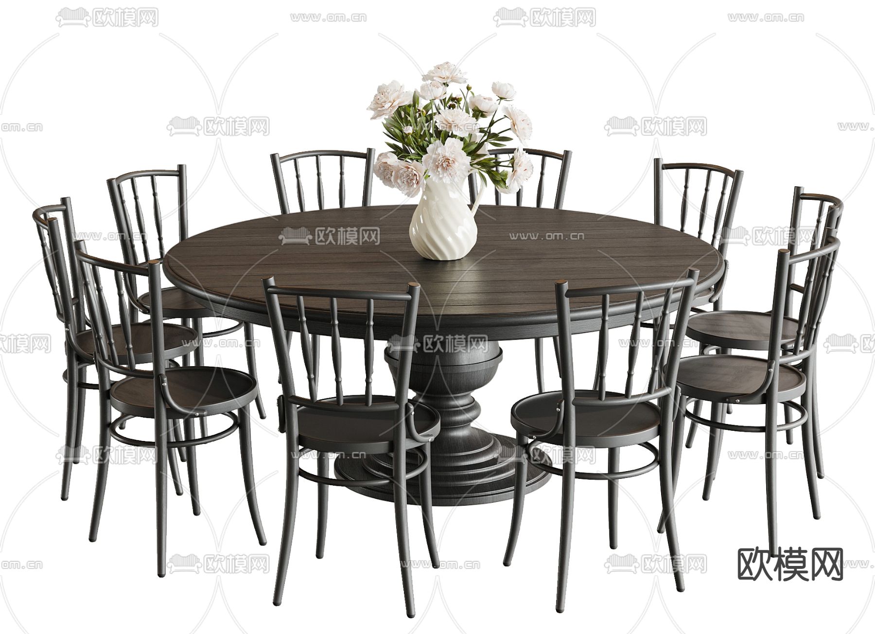 美式餐桌椅 圆餐桌su模型下载（渲染图1）