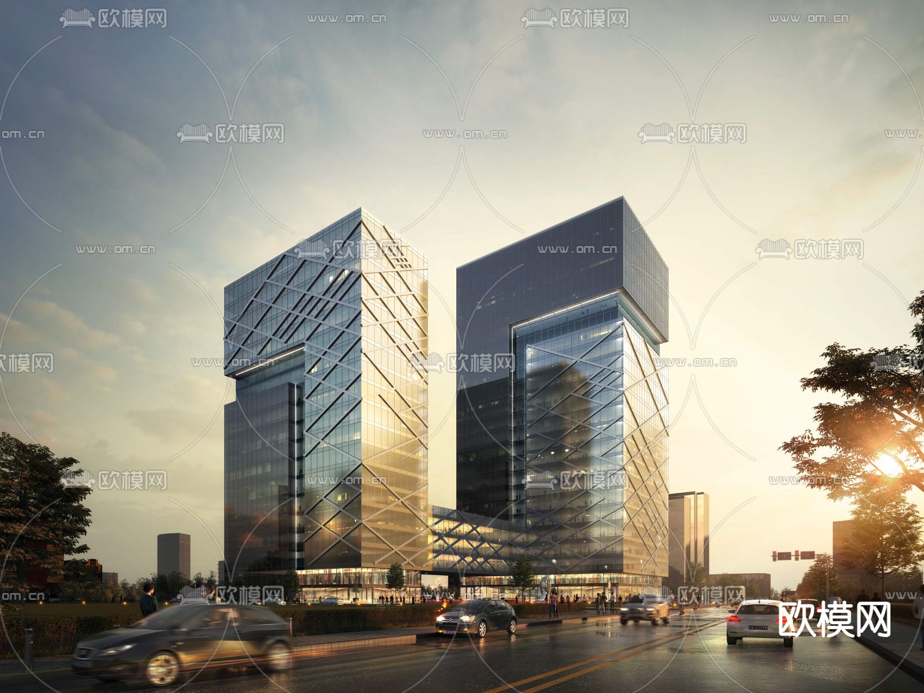 办公楼外观 夜景3d模型下载