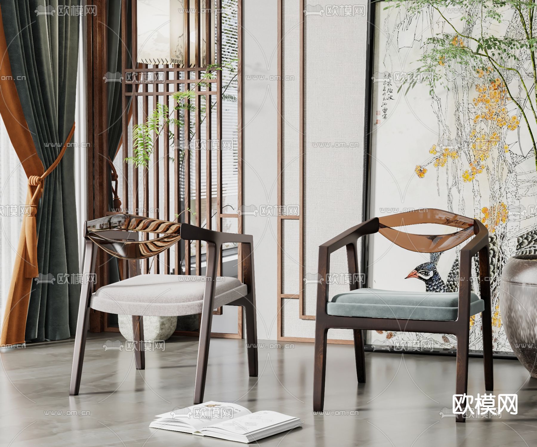 新中式椅子 餐椅su模型下载（渲染图1）