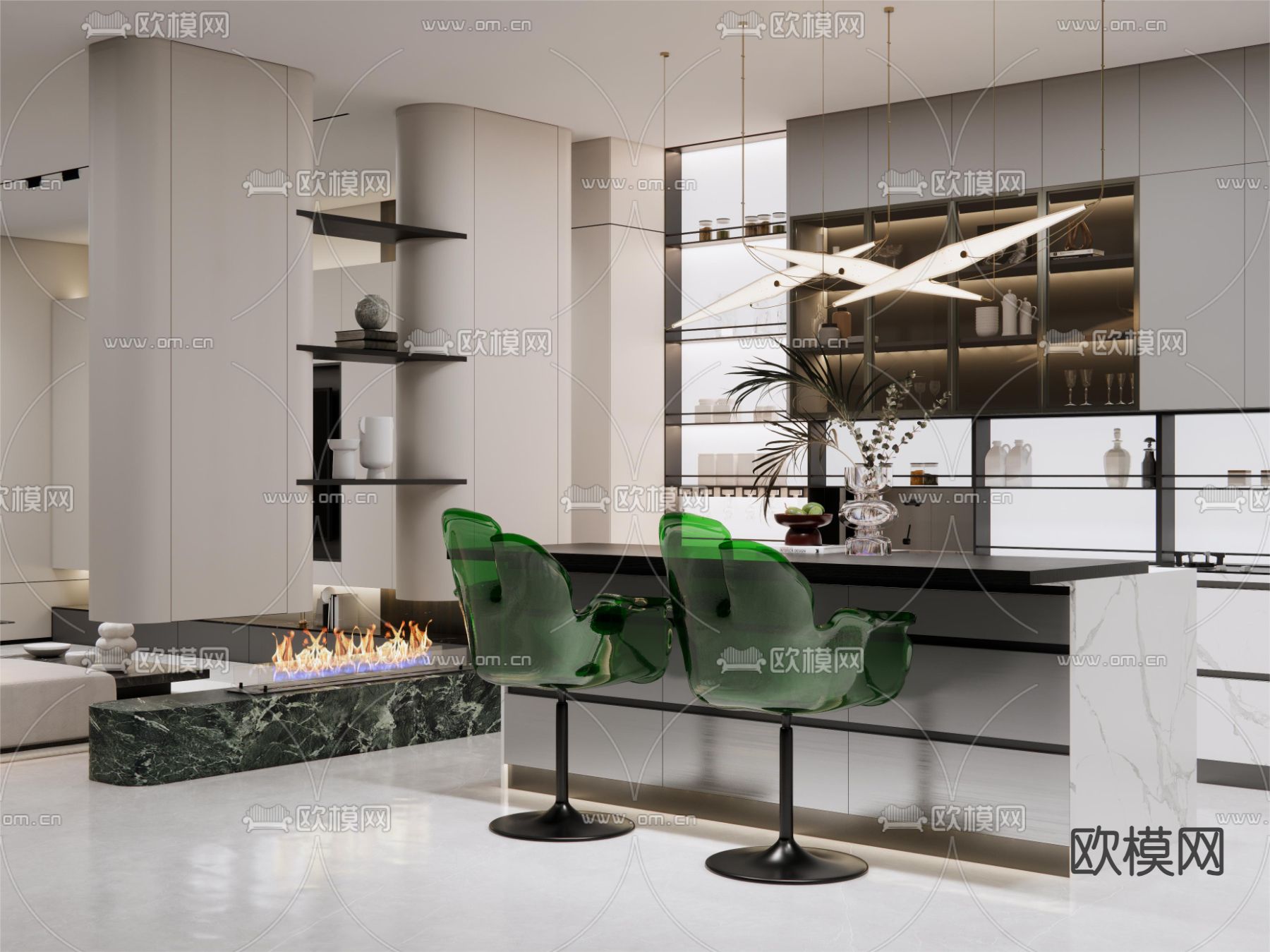 开放式厨房 橱柜su模型下载（渲染图2）