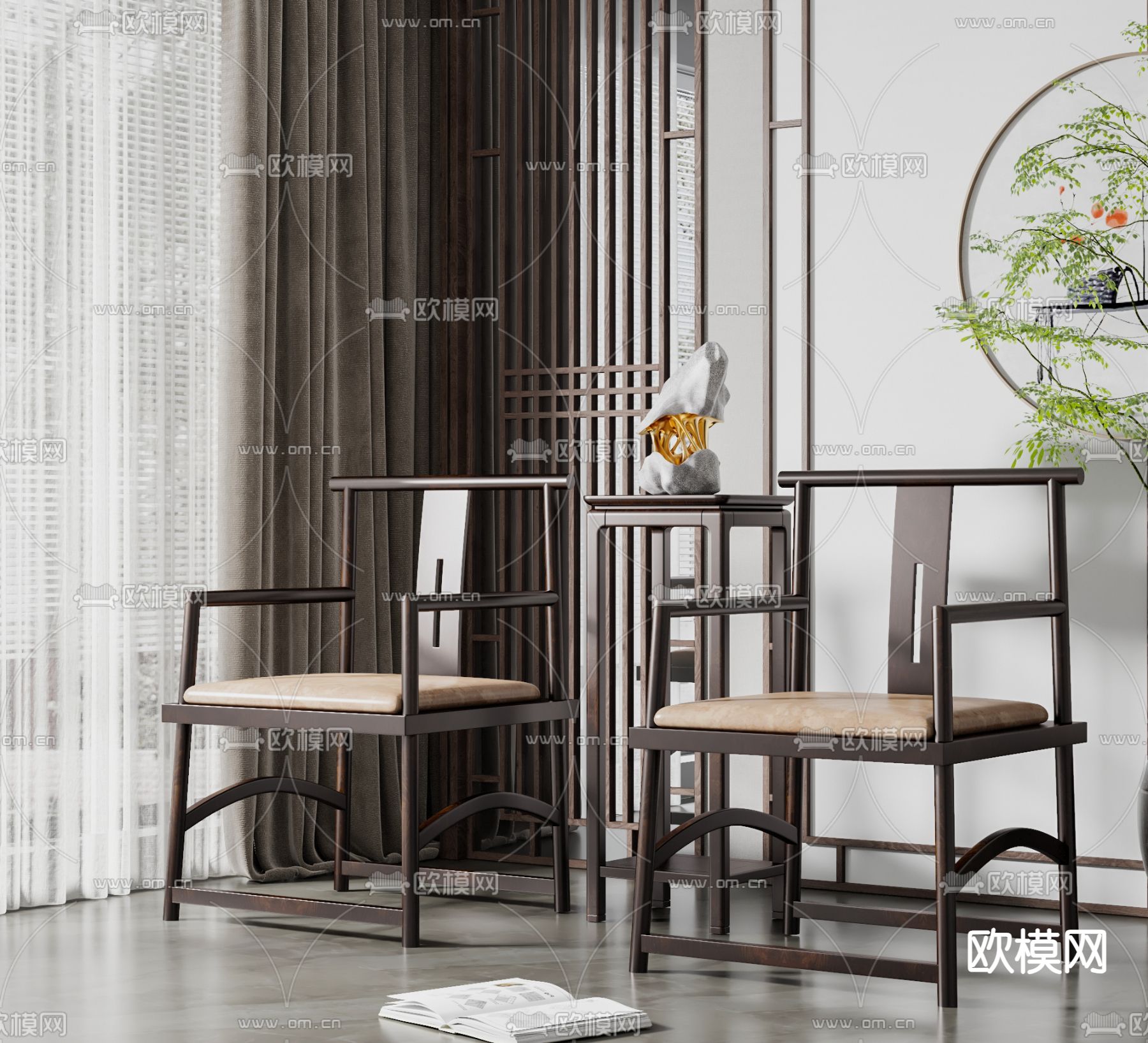 新中式椅子 休闲椅su模型下载（渲染图1）