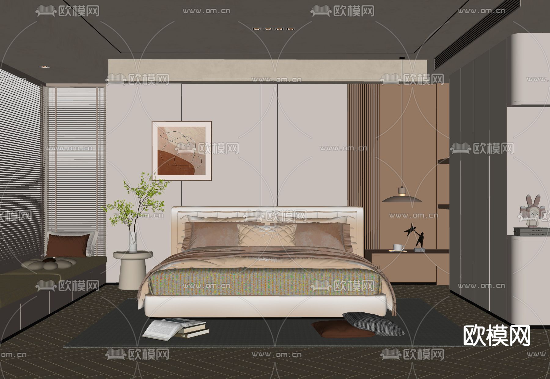 奶油风卧室 主人房su模型下载（渲染图2）