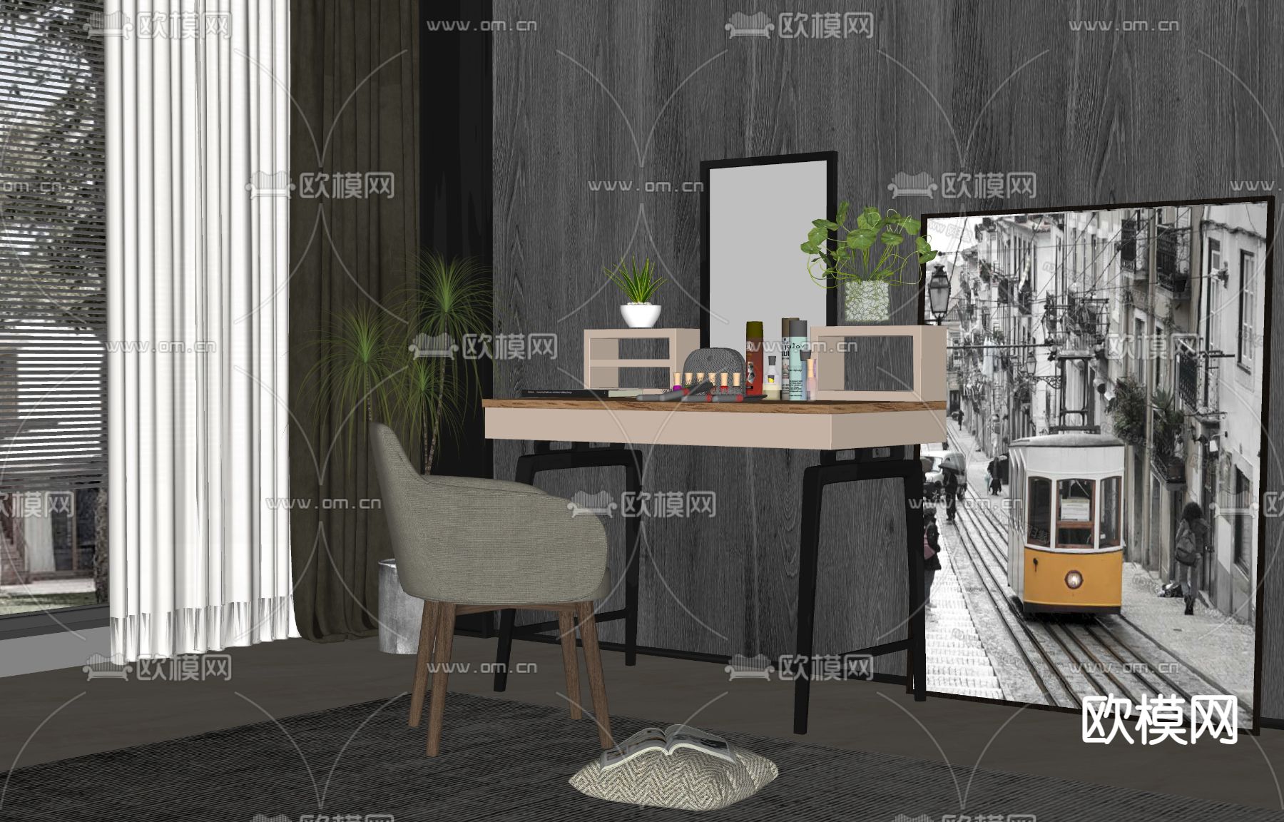 现代梳妆台 化妆桌su模型下载（渲染图2）