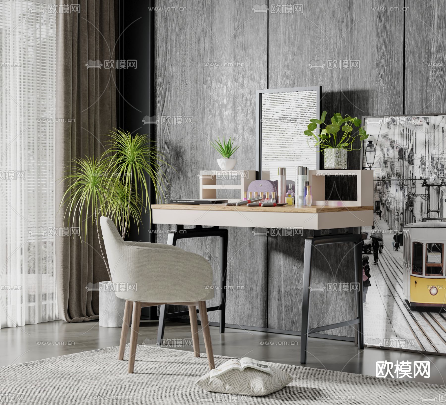 现代梳妆台 化妆桌su模型下载（渲染图1）